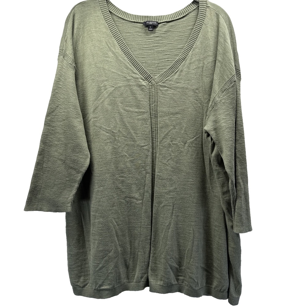 Talbots Women's Sweater Top Size 1X Solid Moss Green Slub Cotton 3/4 Sleeves